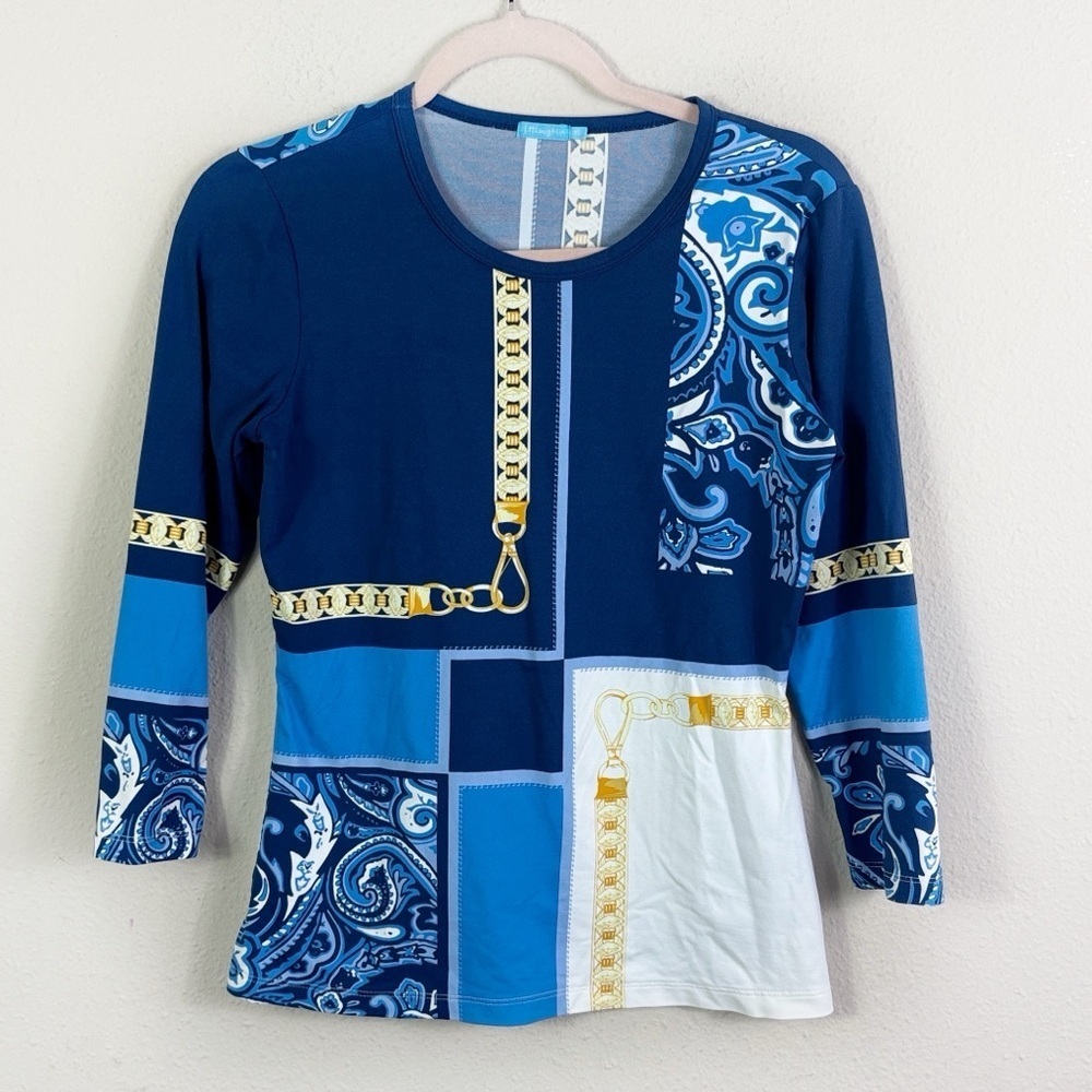 J. McLaughlin Signature Catalina Cloth Equestrian Horse Tee Shirt Blue Sz XS
